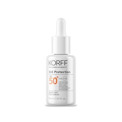Korff 365 Protection Siero Viso SPF 50+, Protezione Solare Molto Alta, Idratazione 8h, Texture Fluida, Adatto a Tutti i Tipi di Pelle, Confezione da 30ml