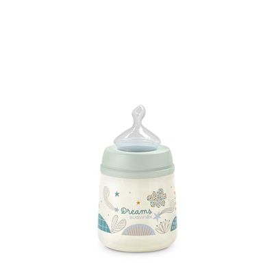 Suavinex Biberón de 150 ml Con Tetina Anatómica de Silicona, Válvula Anticólico, Flujo Medio (M) Para Bebés de 0 a 6 Meses, Dreams Azul