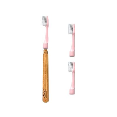 Brosse à dents TePe Choice, souple, rose clair, 1pc manche en bois 3pcs têtes de brosse, brosse à dents à poils souples, bonne pour le nettoyage des dents et l'élimination de la plaque dentaire.