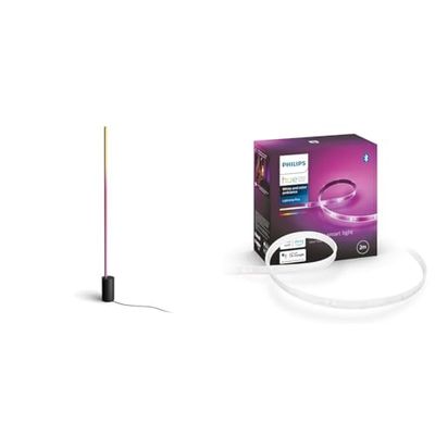 Philips Hue White and Color Ambiance Gradient Signe, Lampada da Terra LED, Smart, Bluetooh, Nera & White and Color Ambiance Lightstrip, Kit base Striscia LED Smart da 2m, Bluetooh