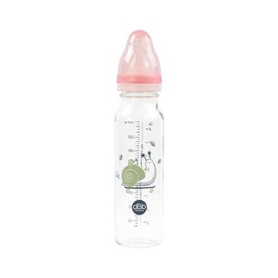 dBb Remond Regul'Air 240 ml glasflaska - snigeldekor - NN-napp - nyfödd - antikolik i silikon - regelbundet flöde - 1:a åldern, 0 till 4 månader - fransk tillverkning - puderrosa