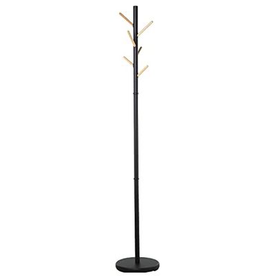 DRW Perchero de pie de Metal y Madera en Negro y Natural ø30,5x180 cm