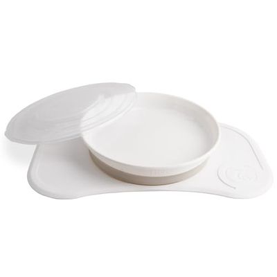 Twistshake Babyservis Set Mini | Babysugplatta + Babyunderlägg (31x17) | BPA-fri Avvänjningstallrik och Bordstablett | 3-Delad Matträningsplatta för Spädbarn och Barn | 6 månader + | Vit