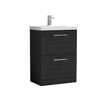 nuie ARN633A Arno Modern Bathroom Floor Standing 2 Drawer Vanity Unit with Mid-Edge Ceramic Basin, 600mm, Woodgrain Charcoal Black
