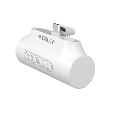 Celly, Powerbank Compatto con Connettore USB-C Integrato e Capacità di 5000mAh, Ricarica Rapida, Caricatore Portatile Universale per Smartphone, Colore Bianco