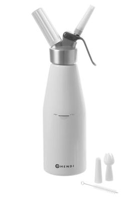 HENDI Siphon à Chantilly, avec 3 Douilles en polypropylène Ainsi Que 1 Brosse de Nettoyage, pour mousses, Desserts et sauces, Siphon à crème, 950ml, ø95x(H) 320mm, Aluminium, Blanc