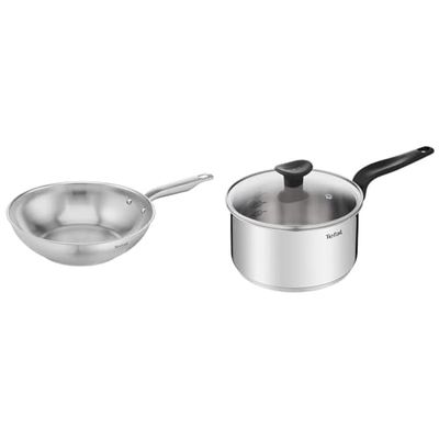 Tefal E49219 Virtuoso Poêle wok en acier inoxydable de qualité supérieure non scellée Finition brossée Compatible induction Passe au four jusqu'à 250 °C 28 cm & PRIMARY casserole inox 20 cm / 3 L + CV