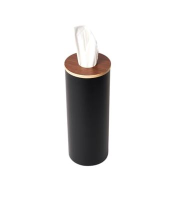 Yamazaki 5981 RIN Round Tissue Case L, black, Steel/Wood/Silicone, Minimalist, 9.2 x 9.2 x 23.8 cm