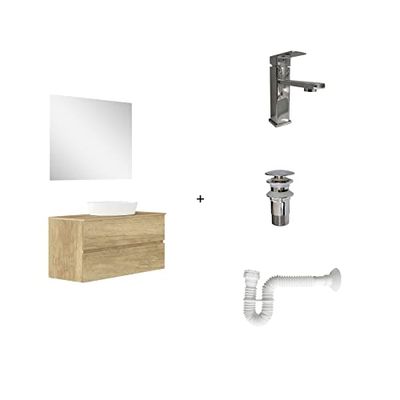 Baikal Pack solución Completa. Incluye: Mueble de Baño, Lavabo cerámico, Grifo, Sifón Extensible y Válvula de desagüe. Mueble MONTADO. Entrega Todo en uno. 2 Cajones con Espejo 120 cm Nature