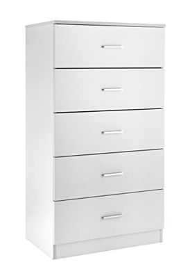 Baroni Home Cassettiera 5 cassetti in Nobilitato, Mobiletto da Camera da Letto o Soggiorno, Mobile Moderno Bianco 60x40x110 cm