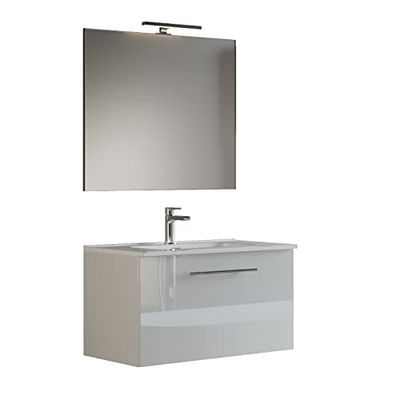 Mama Store GEA1 60 - Mueble de baño suspendido 60 cm monocaxetón Blanco Brillante Lacado con Lavabo, Espejo y lámpara LED, 62 x 46 x 45 cm