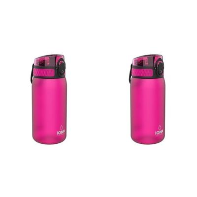 Ion8 Kids Water Bottle, 350ml, Leak Proof, One-Finger Open, Dishwasher Safe, BPA Free, Flip Cover, Carry Handle, Spill-free On-The-Go, Easy Clean Carbon Neutral Recyclon, Hot Pink (Pack of 2)