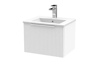 Hudson Reed DFF191B Fluted Modern Bathroom Wall Hung 1 Drawer Vanity Basin Unit with Minimalist Ceramic Basin, 500mm, Satin White