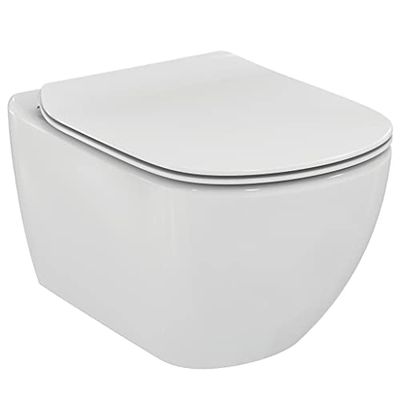 Ideal Standard - Tesi, Inodoro suspendido Aquablade con fijaciones ocultas, tapa de inodoro delgada con cierre lento, Blanco