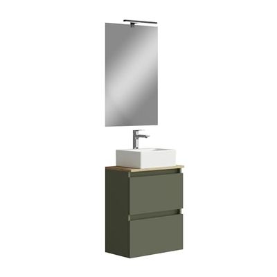 Baikal Maia badkamermeubelset, kleine wastafel van keramiek en spiegel met ledlicht, hangende wandkast, verschillende uitvoeringen en afmetingen, gemonteerd meubelstuk.