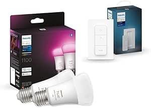 PHILIPS Hue White & Col. Amb. E27 - Confezione doppia 2 x 800 lm, 75 W + Lighting Hue Telecomando Dimmer Switch, Controllo Illuminazione Smart, Versione 2021, Bianco