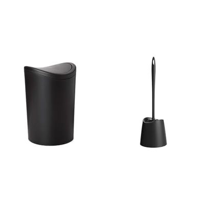 TATAY Bathroom Bin with Tipping Lid, 6L Capacity, Black + Standard Toilet Brush, Black Brush, Color Black.