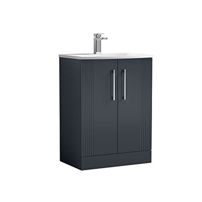 nuie Modern Bathroom Floor Standing 2 Door Part Fluted Vanity Unit with Curved Ceramic Basin, Soft Black, 600mm