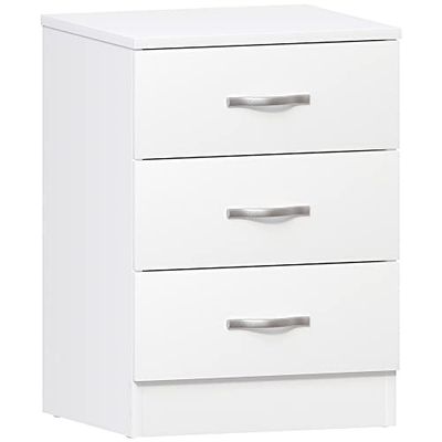 Vida Designs Riano Riano Wit nachtkastje, commode, 3 handgrepen van metaal en loper, unieke anti-bowing-ladehouder, slaapkamermeubel, productgrootte: H 56 x B 40 x D 36 cm