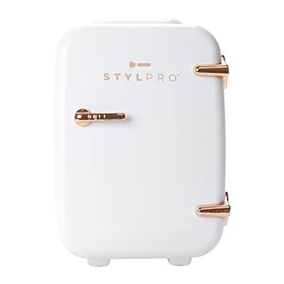 STYLPRO Mini Beauty Fridge in Rose Gold: 4L portable cooler/warmer for skincare, makeup, and cosmetics. Organize in bedroom, bathroom, or dressing room