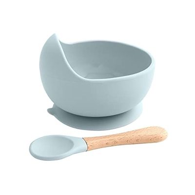 Cuenco de silicona para alimentos, plato antideslizante para niños, sin BPA, con cuchara de silicona, para bebés y niños - Azul