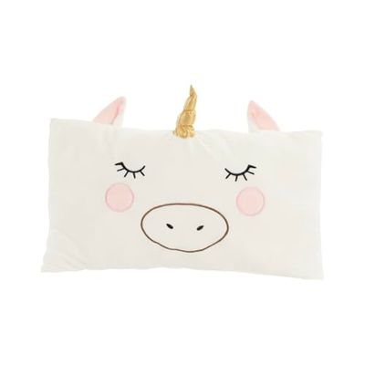 Idena 40258 - Knuffel eenhoornkussen, gezellig sierkussen met gouden hoorn, oren en gezicht, kussen voor baby's & kinderen, ca. 45 cm