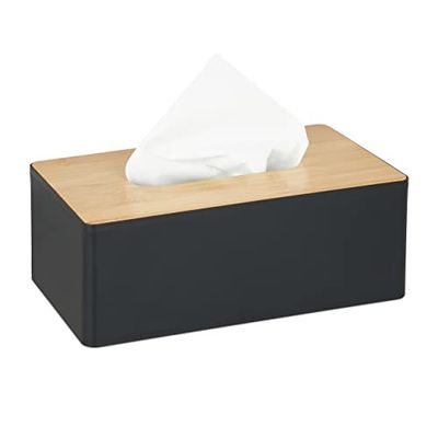 Relaxdays Tissue Box with Bamboo Lid, Refillable, Bathroom, Modern Dispenser, Plastic, 10 x 26 x 14 cm, Black/Natural