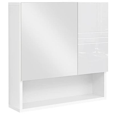VASAGLE Badkamerkast met spiegel, deur en bovenkant, glanzend, wandkast, hangkast, met open vak en verstelbare planken, 54 x 15 x 55 cm, wit BBK122W01