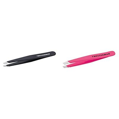 Tweezerman Midnight Sky Stainless Steel Slant Tweezer & Neon Pink Stainless Steel Mini Slant Tweezer