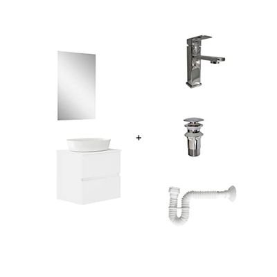 Baikal Pack solución Completa, Incluye: Mueble de Baño, Lavabo cerámico, Grifo, Sifón Extensible y Válvula de desagüe, Mueble MONTADO, Entrega Todo en uno, 2 Cajones con Espejo 60 cm Blanco