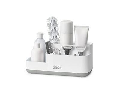 Joseph Joseph EasyStore Bandeja Organizador Accesorios de Baño y Soporte para Cepillo de Dientes, Fácil Almacenamiento, Desmotanble, Blanca/Gris