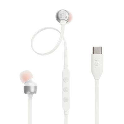 JBL Tune 310 C Auricolari In-Ear ad Alta Risoluzione Audio, con Cavo Piatto Antigroviglio, Comando a 3 Tasti Bassi Profondi, JBL Pure Bass, Bianco