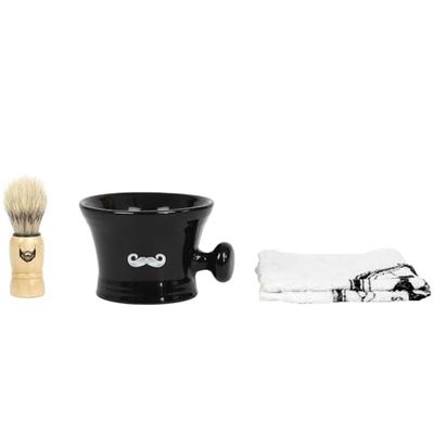 COSMETIC CLUB, SC29532, Set per la Cura della Barba 3 Accessori, Ciotola da Barba in gres, Tasso e Asciugamano, Dimensioni compatte 7,5x10,8x8 cm, Ideale per i Viaggi, Nero