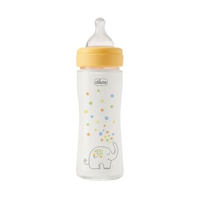 Chicco Biberon à débit lent Perfect Easy, avec tétine Physio en silicone souple et finition Soft Sense, anti-colique, réduit la régurgitation et l'irritabilité, biberon en verre de 240 ml, 0m+