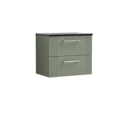nuie Modern Bathroom Wall Hung 2 Drawer Part Fluted Vanity Basin Unit with Laminate Black Sparkle Worktop, Satin Green, 600mm