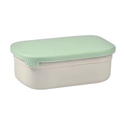 Béaba, Children's Lunch Box with Compartments, Leak-Proof and BPA Free, Stainless Steel Bento Box Children, Silicone Case, Extremely Robust, Ideal for Nursery and School, 760 ml, Grey/Sage Green