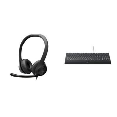 Logitech H390 Wired Headset for PC/Laptop, Stereo Headphones with Noise Cancelling Microphone & K280e Pro Wired Business Keyboard, QWERTY US-International Layout - Black