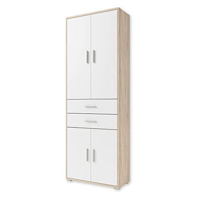 Stella Trading OFFICE LINE Armoire à dossiers en aspect chêne Sonoma, blanc - Armoire de bureau haute avec 4 portes - Ensemble complet de meubles de bureau modernes - 79 x 220 x 35 cm (L/H/P)