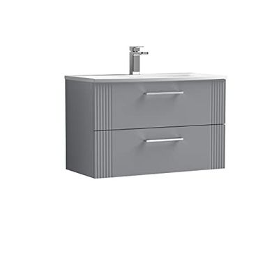 nuie DPF295G Deco Modern Bathroom Wall Hung 2 Drawer Part Fluted Vanity Basin Unit with Curved Ceramic Basin, 800mm, Satin Grey