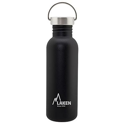 Laken Botella de Agua de Acero Inoxidable (0,75L - Negro) con Tapón Vintage - Reutilizable y Sostenible para Niños y Adultos: Ideal para Deporte, Escuela, Café