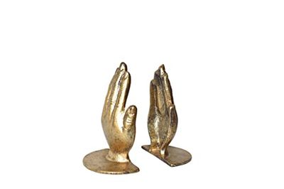 JUCONSIN Hands Bookends, Prayer Hand Decorative Bookends Unique Gold Book Ends Heavy Duty Cast Iron Bookends for Shelves Decorative