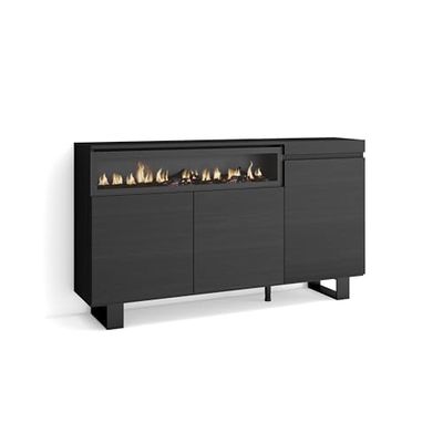 Skraut Home | Dressoir, Opbergkast | Buffetkast, Sideboard | 150x87x35cm | 3 Deuren | Elektrische haard | Industrieel design | Moderne stijl | Zwart