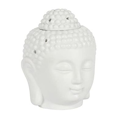 Stunning White Ceramic Buddha Head Oil Burner - 13cm x 10.5cm (1 Pc.) - Unique Oil Diffuser Design & Ambiance Enhancer - Great for Home & Office Decor