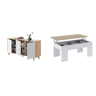 Habitdesign Aparador 3 Puertas, Bueffet para salón, Armario Auxiliar, Modelo Kikua Plus & Mesa de Centro Elevable, Mesita de Salón o Comedor, Modelo LC, Acabado en Color Blanco Artik y Roble