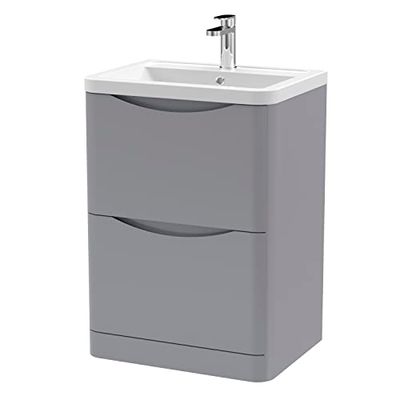 nuie LUN201A Lunar Modern Bathroom Floor Standing 2 Drawer Vanity Basin Unit with Ceramic Basin, 600mm, Satin Grey
