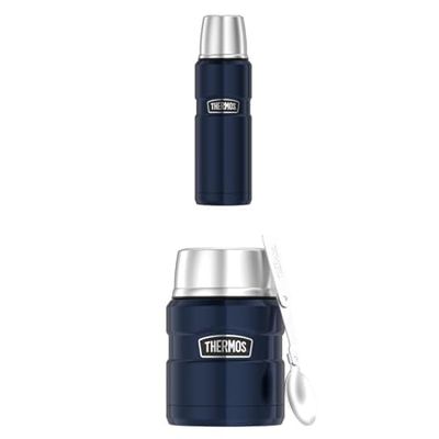 Thermos, Bottiglia Isolante Stainless King, in Acciaio Inox Satinato, capacità 0,47 l, Blu, 4003.256.047 + Thermos 123188 Contenitore termico per alimenti «King Food» blu da 470 ml