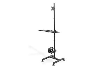 DIGITUS Poste de Travail Debout Mobile - Support pour écran & Plateau pour Clavier & Support pour PC - Réglage Flexible de la Hauteur - 1 écran - jusqu'à 32 Pouces - VESA 75x75, 100x100 - Noir