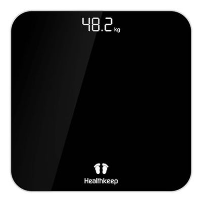 Healthkeep Personenweegschaal, personenweegschaal met zeer nauwkeurige sensoren, digitale personenweegschaal met step-on-techniek, gewichtsweegschaal van veiligheidsglas, zwart