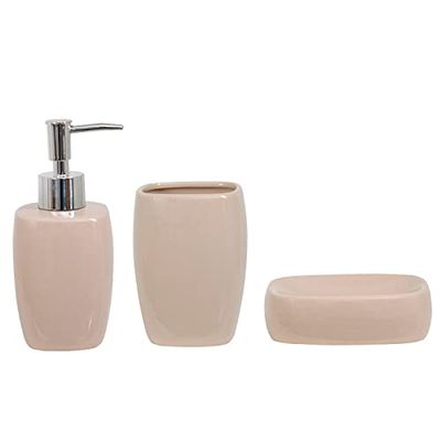 MSV Bathroom Accessories Ceramic 3-Piece Dispenser, Soap Dish, Toothbrush Beaker Beige