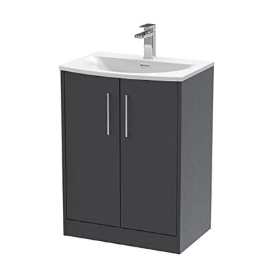 Hudson Reed JNU2203G Juno Modern Bathroom Floor Standing 2-Door Vanity with Curved Ceramic Basin, 600mm, Woodgrain Graphite Grey